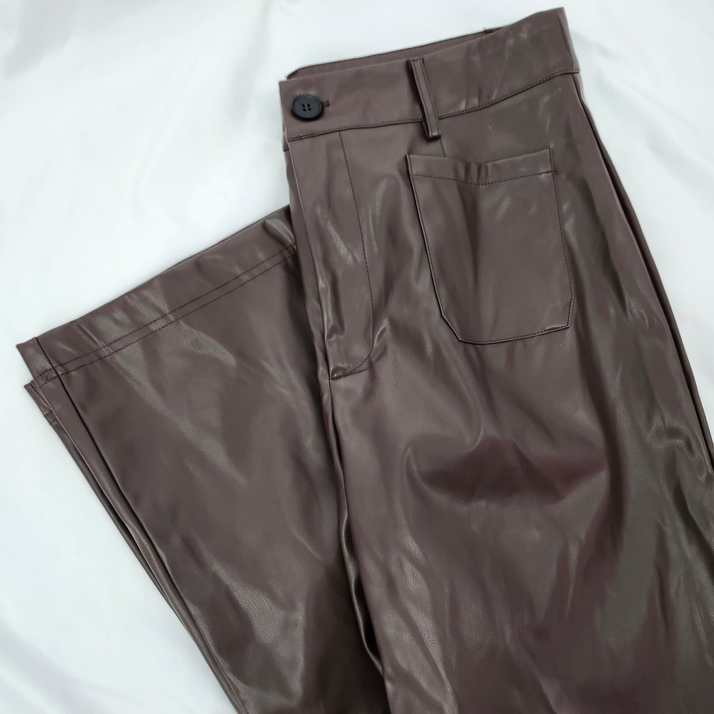Cupshe NWT Chocolate Faux Leather Wide Leg Pant Womens Large Modern Edgy Chic‎